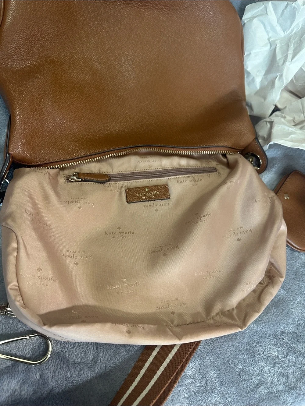 kate spade Brown Pebbled Leather Crossbody with Striped Strap